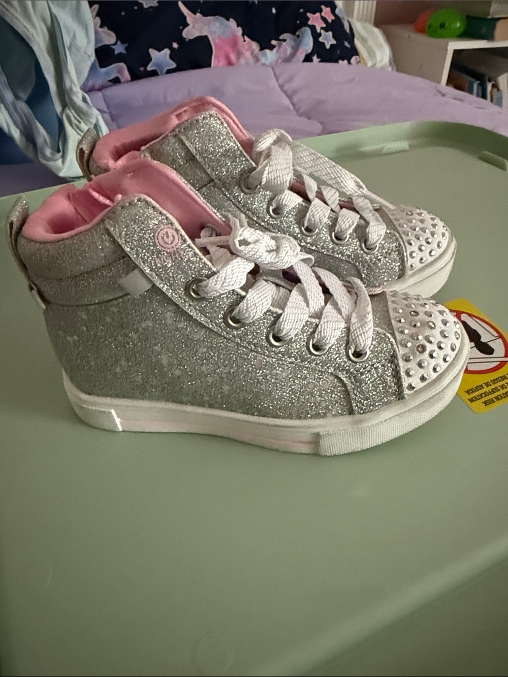 Skechers Silver Glitter High-Top Sneakers with Pink Lining